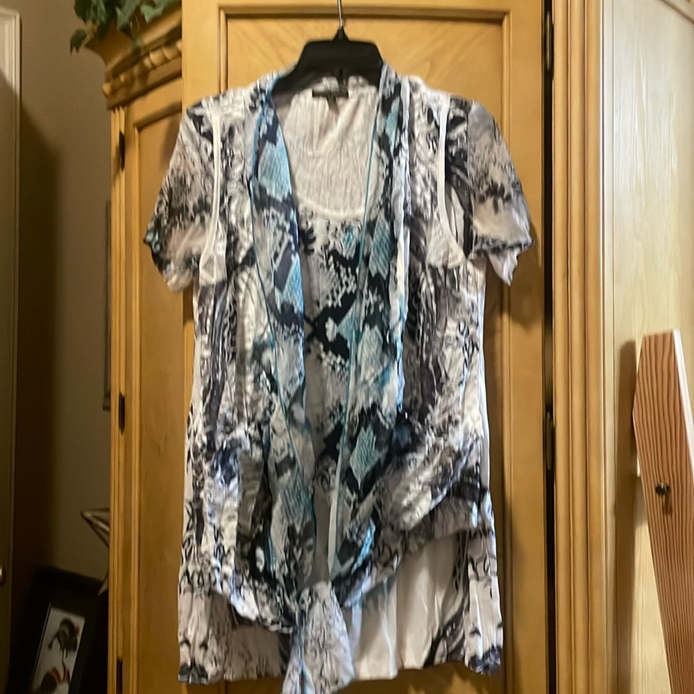 Alberto makali teal and black tie front blouse